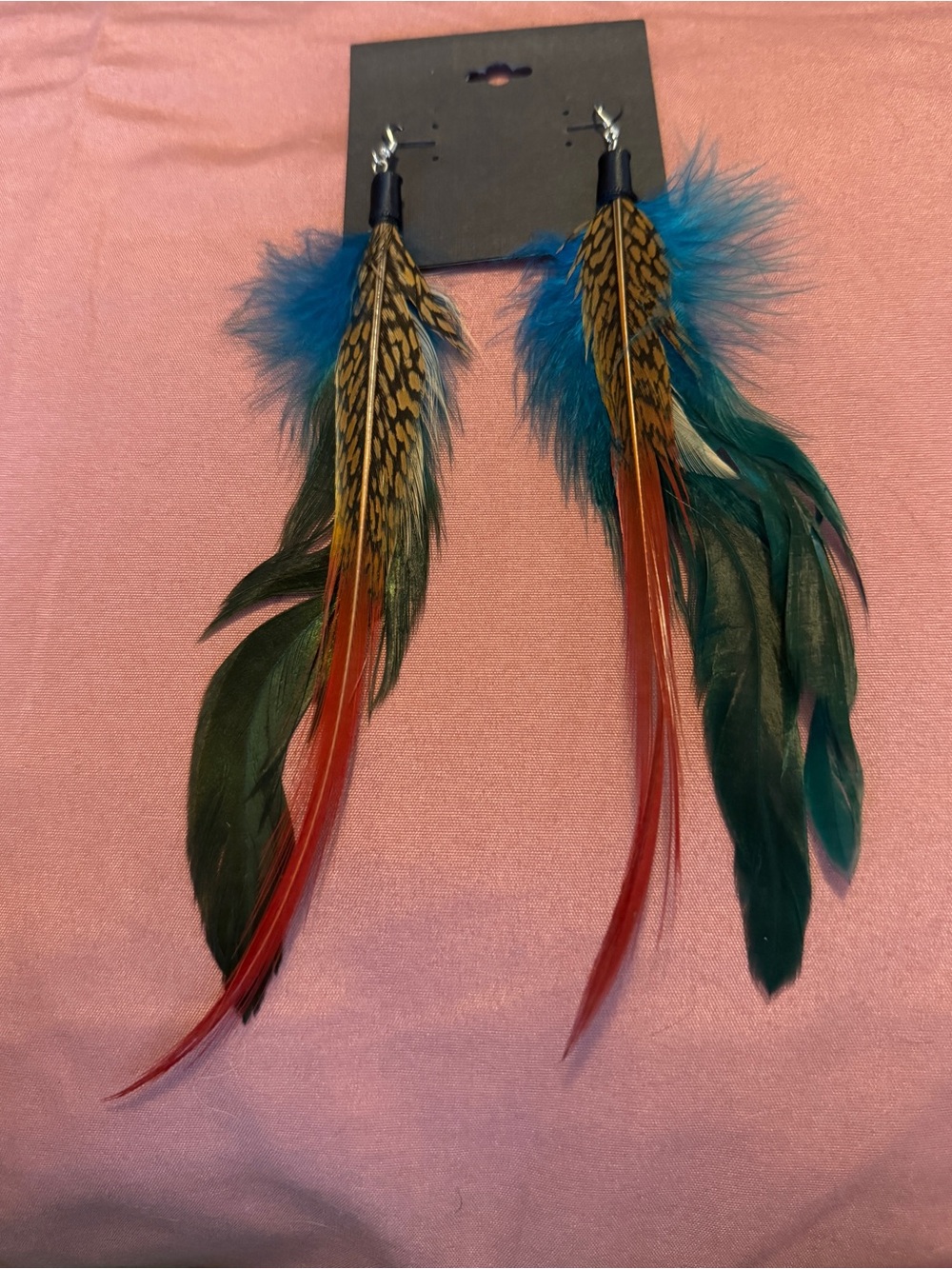 Colorful Feather Dangle Earrings - Teal, Blue & Red